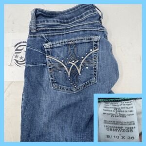 Wrangler Women's Blue Denim Jeans Embellished Pocket Bootcut Size 9 10 x 36
